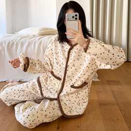 睡衣女秋冬季空气棉加厚夹层2025年长袖保暖家居服