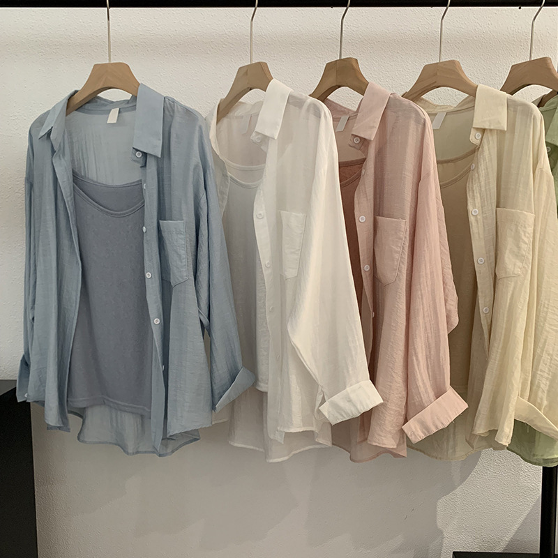 Oumarai 2024 summer thin lapel long sleeve solid color loose shirt suspender top single shot women's 9456