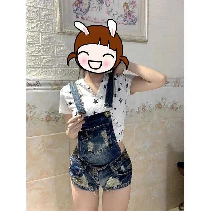 Unique Vintage-Style Distressed Denim Overalls for Women, Ultra-Short Ripped Jumpsuit