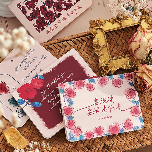 Rose Flower New Year Greeting Card Romantic Instagram Style Floral Goddess Day Birthday Wishes Message Handmade DIY Small Card