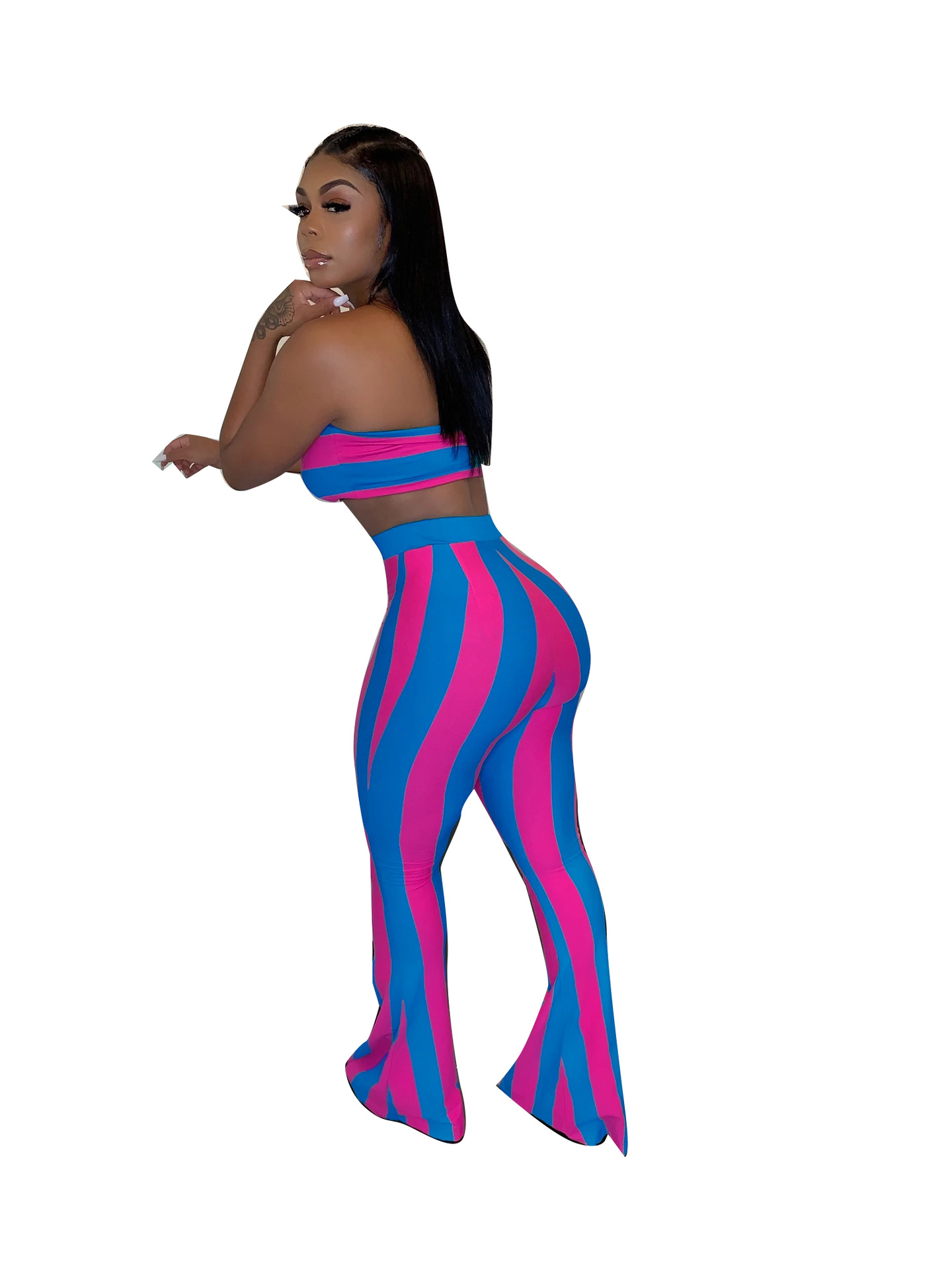 Damen Bandeau Oberteil Und Schlaghose Im Streifenlook Set_voghion.com
