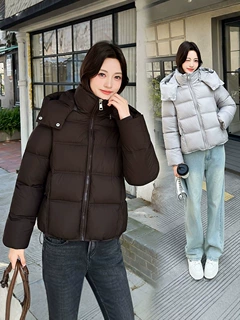 可脱卸帽短款面包棉服女横格绗缝加厚保暖复古咖色小个子冬季棉