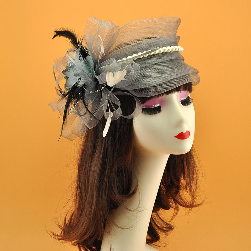 Amazon popular tocado de malla de Europa y América arco Festival de Carreras de Caballos sombrero de copa de novia tocado Flor de plumas tocado accesorios para el cabello