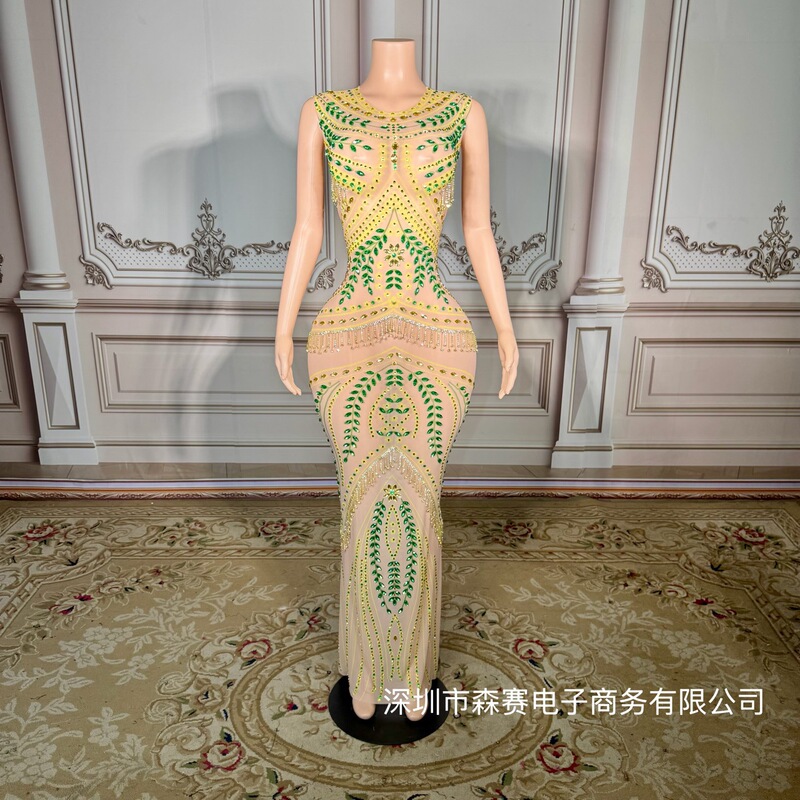 One-Piece Drop Shipping Gold Rhinestone Sleeveless Long Dress, Luxurious Model Catwalk Birthday Party Dress One-Piece Drop Shipping Gold Rhinestone Sleeveless Long Dress, Luxurious Model Catwalk Birthday Party Dress