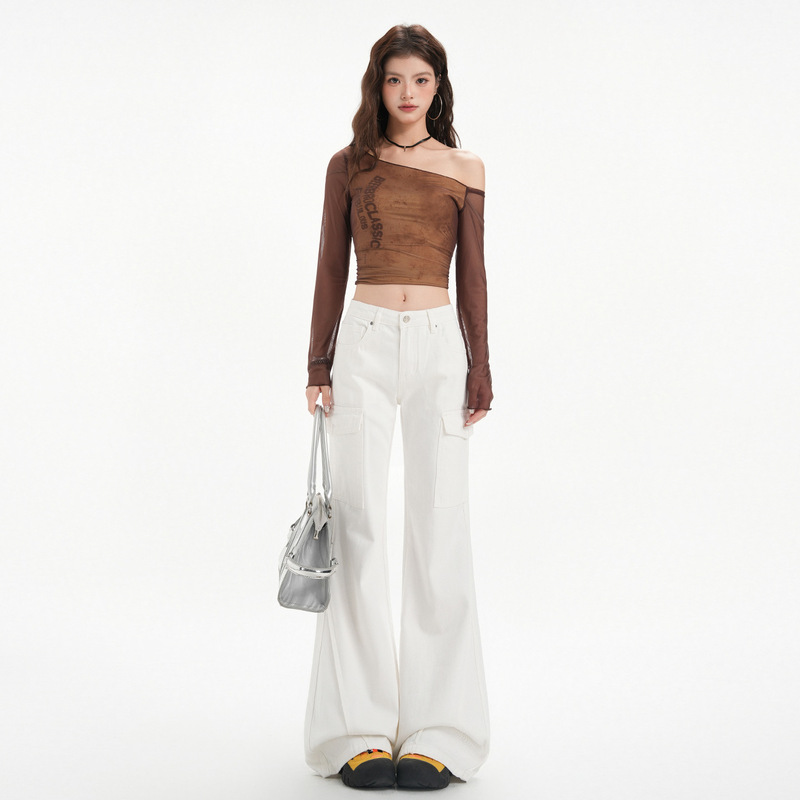 YECHUAN # American retro-style off-white workwear jeans, mid-low waist, loose fit, floor-length, trendy flared pants