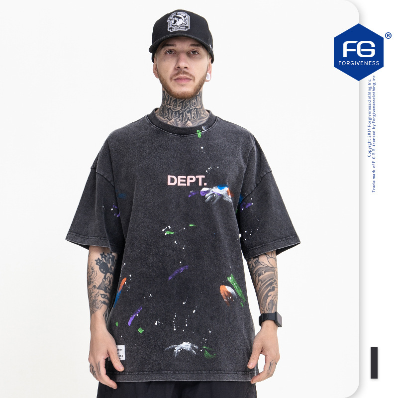 FG ropa de Hombre | 2022 primavera y verano nueva marca de moda callejera color hecho a mano Splash-tinta vintage suelta manga corta Camiseta hombres