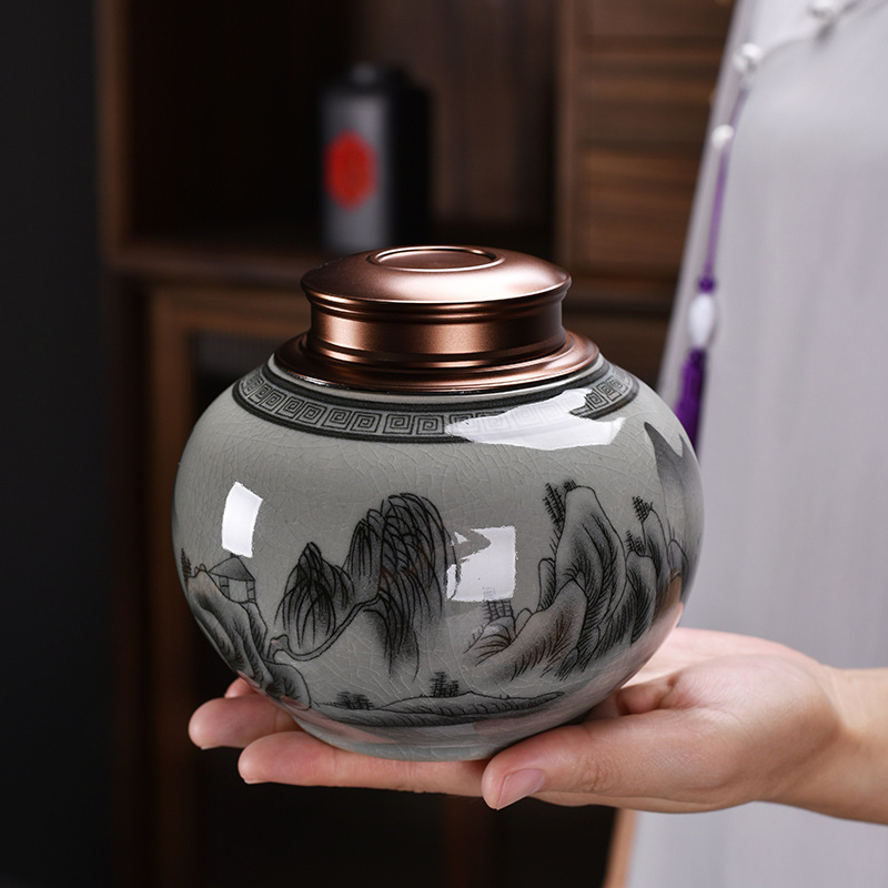 中式哥窑陶瓷茶叶罐双层盖密封罐储存罐家用高档礼品茶罐茶仓礼盒