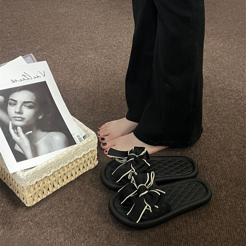 Thick bottom slippers women's 2024 new bow stitching firm small fairy style Joker one-word factory women's shoes wholesale