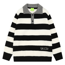 美式复古撞色条纹翻领毛衣2025秋冬新款学院风情侣polo针织衫批发