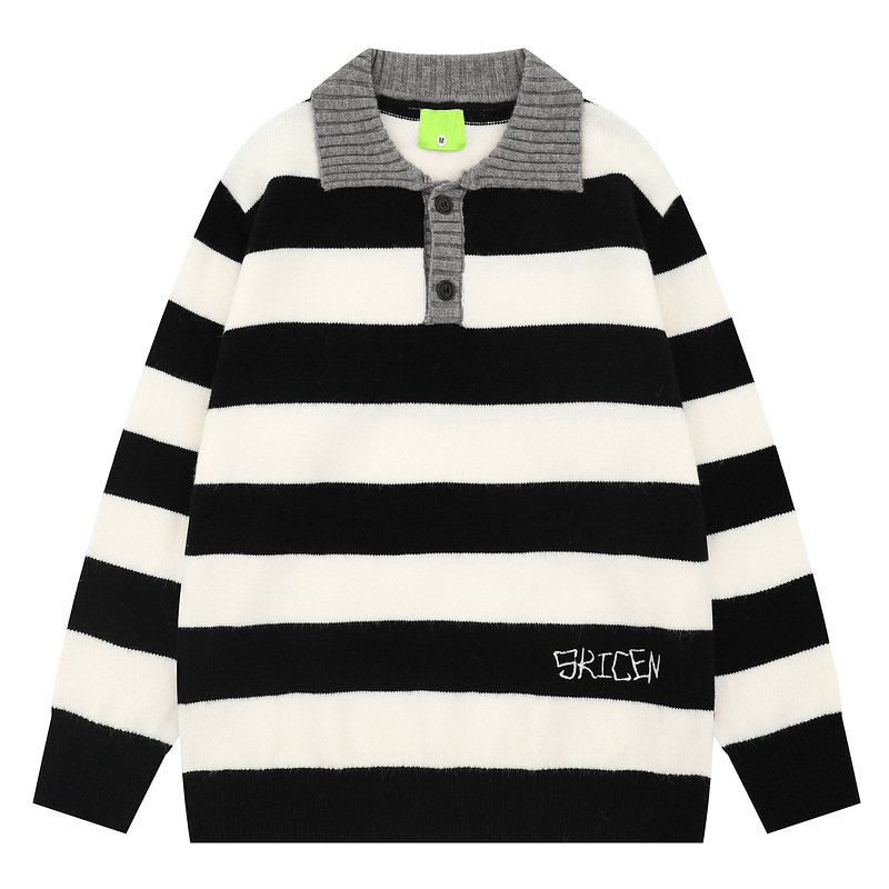美式复古撞色条纹翻领毛衣2025秋冬新款学院风情侣polo针织衫批发