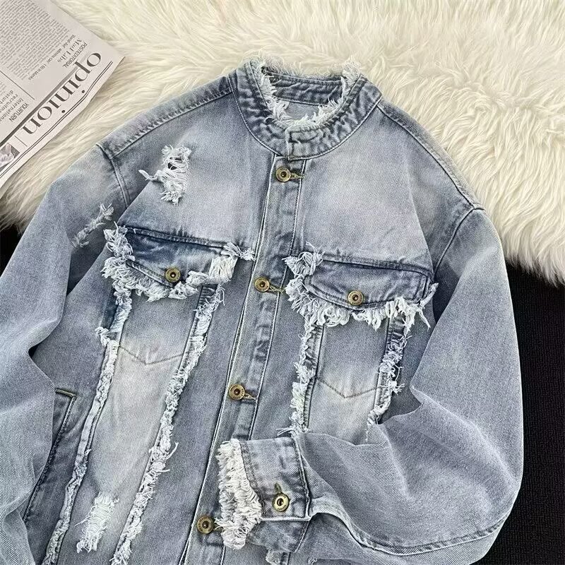 American Heavy-Duty Washed Distressed Tassel Raw Edge Denim Jacket for Men and Women Retro Trendy Casual Couple Jacket Top American Heavy-Duty Washed Distressed Tassel Raw Edge Denim Jacket for Men and Women Retro Trendy Casual Couple Jacket Top