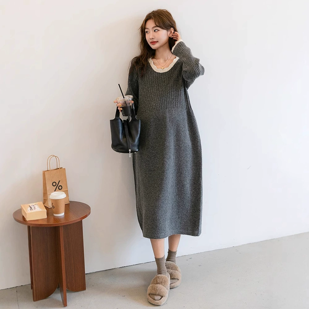 Осенняя и зимняя одежда для беременных корейская версия с воротником для беременных вязаный свитер юбка свободная принцесса с длинными рукавами для беременных свитер платье