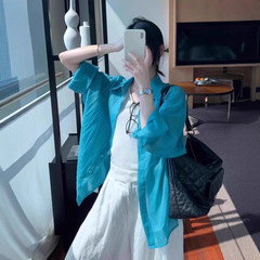 哥家商场同款女装2025夏季韩系蓝色天丝防晒衬衫小披肩女开衫上衣