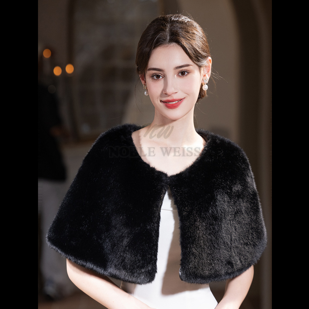 冬季保暖兔毛披肩新娘结婚纱晚礼服旗袍外搭仿皮草斗篷短披风外套