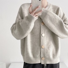 2025秋冬设计感单排扣针织毛衣女外套开衫慵懒风宽松纯色圆领上衣