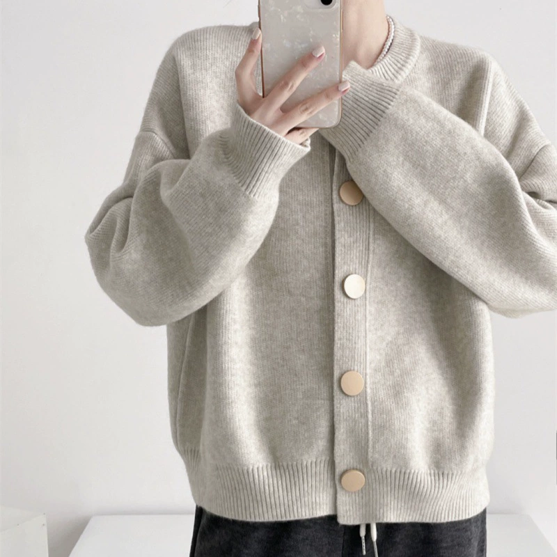 Женский кардиган-свитер на осень-зиму 2025 года, однобортный, трикотажный, свободного кроя, однотонный, с круглым вырезом, в стиле «ленивый»