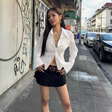 2005欧美风气质通勤职业装收腰系带衬衫辣妹街头纯色翻领长袖上衣