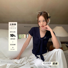 宋正恩藏蓝色正肩V领短袖t恤女夏日韩系独特显瘦海军领设计感上衣