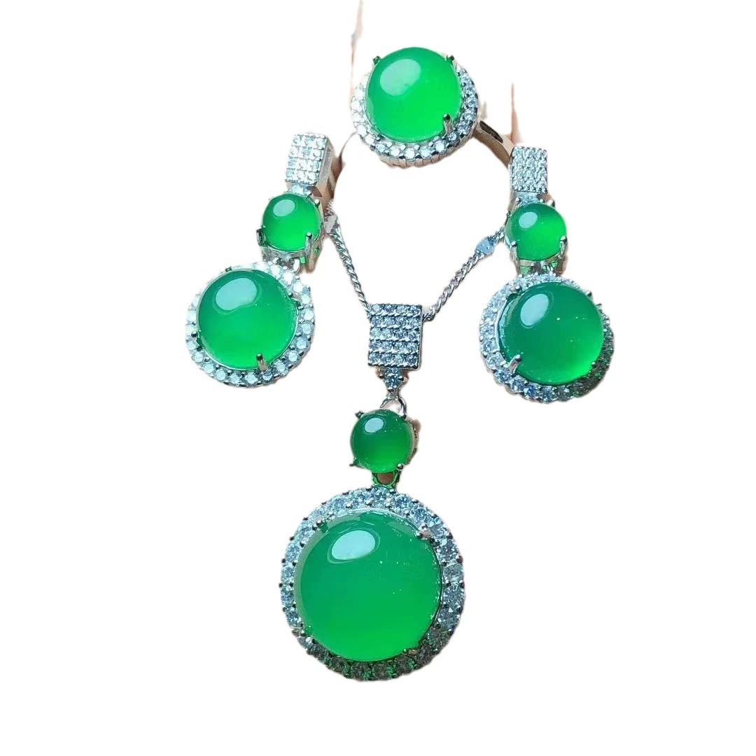 Agate accessory, set jade, emerald pendant, earrings, ice imitation