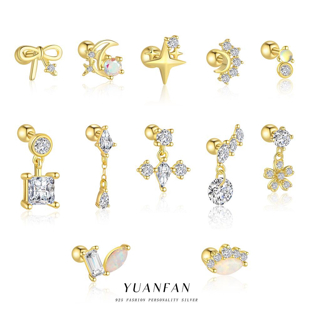 5g Weight Long-Lasting Plated Gold Plating Process 925 Sterling Silver Ear Needle Material 1 Piece 1 Pair 925 Sterling Silver Zircon 925 Sterling Silver Earrings Geometric Star Bow Knot Drop Earrings Ear Studs