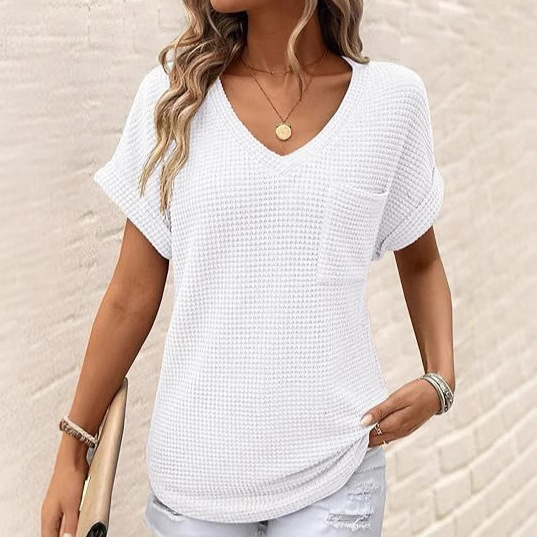 Amazon Cross-border 2025 Summer V-neck Casual Fashion Waffle Knit Shirt Women's Short-sleeved Basic T-shirt