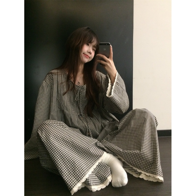 韩版花边格子印花睡衣长袖女秋季薄款可外穿大码长裤家居服现货