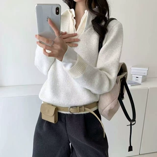 韩系翻领假两件针织衫上衣女秋冬新款时尚通勤款式百搭套头毛衣厚