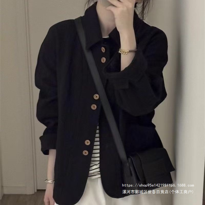 Korean retro style 2026 black jacket, new casual lapel short top, autumn coat