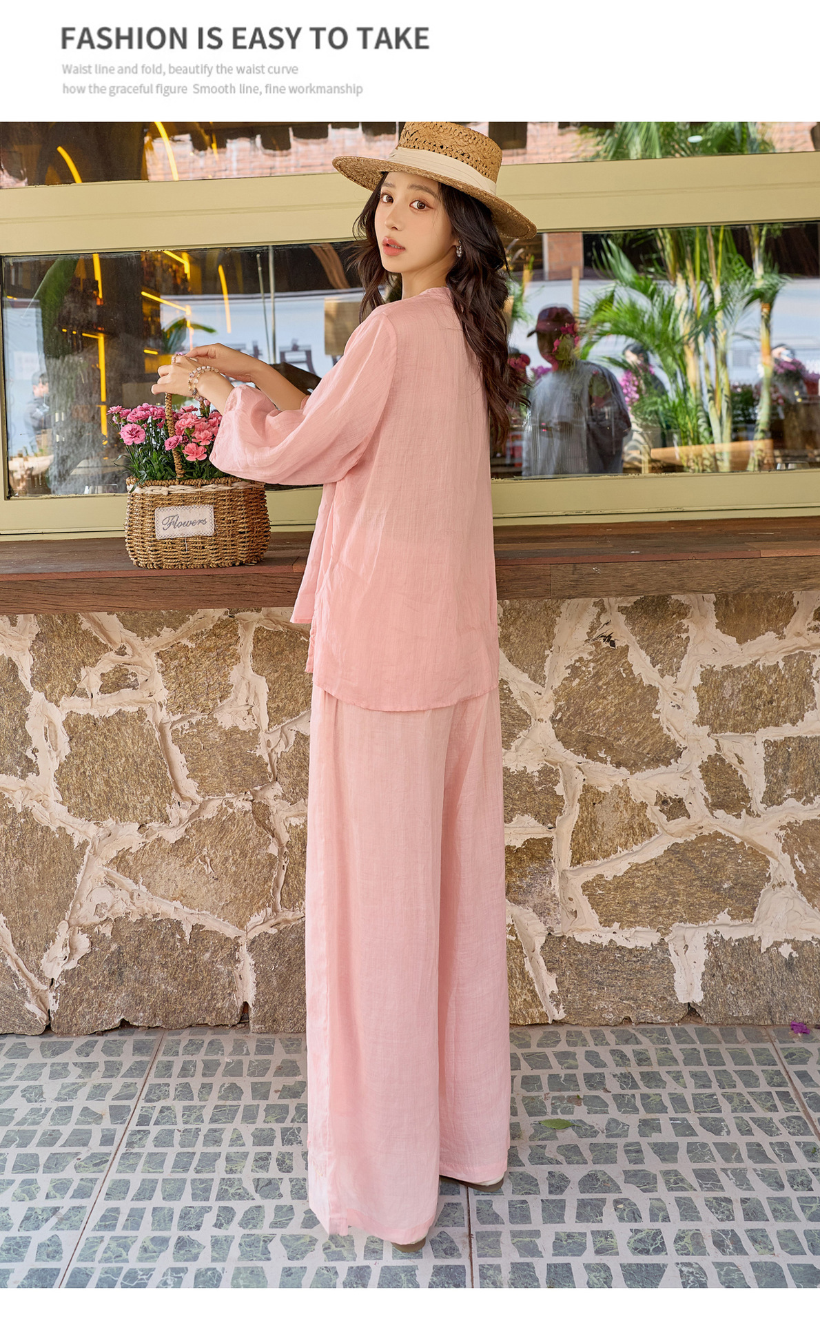 Bộ quần áo hai mảnh nữ chất liệu ramie thêu hoa, áo sơ mi phối quần ống rộng — Màu hồng, màu trắng chi tiết 21