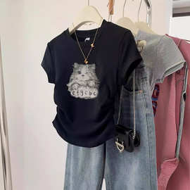 美式灰色猫咪短袖t恤女夏季复古设计感小众修身掐腰短款正肩上衣