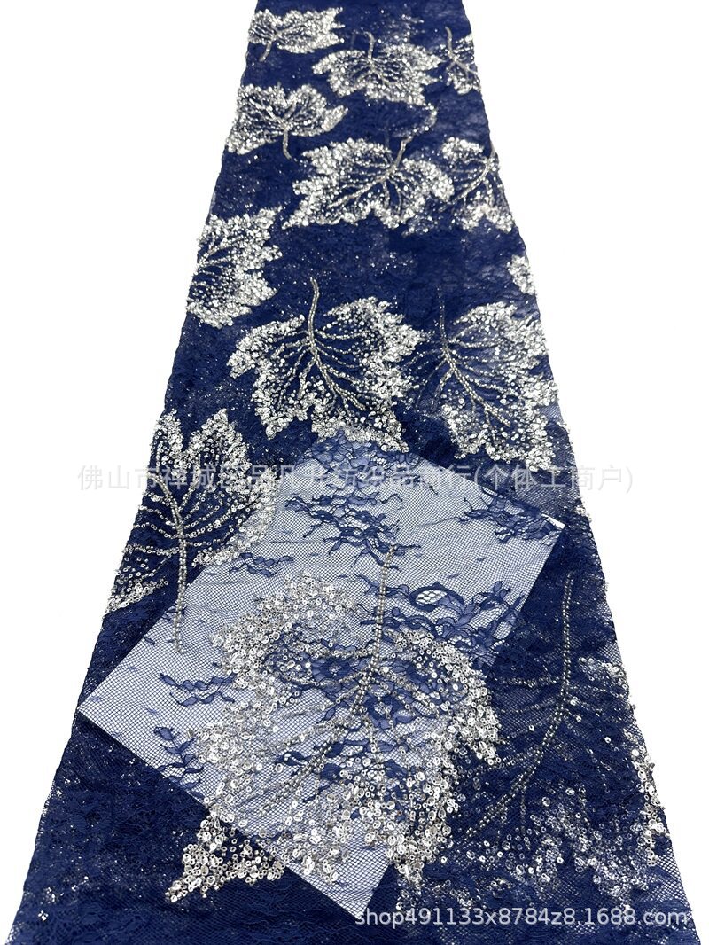 Nuevo encaje de hoja de arce hecho a mano tela de cuentas de clavado sequilla cola de pescado vestido de brindis cena anual vestido de tela en stock