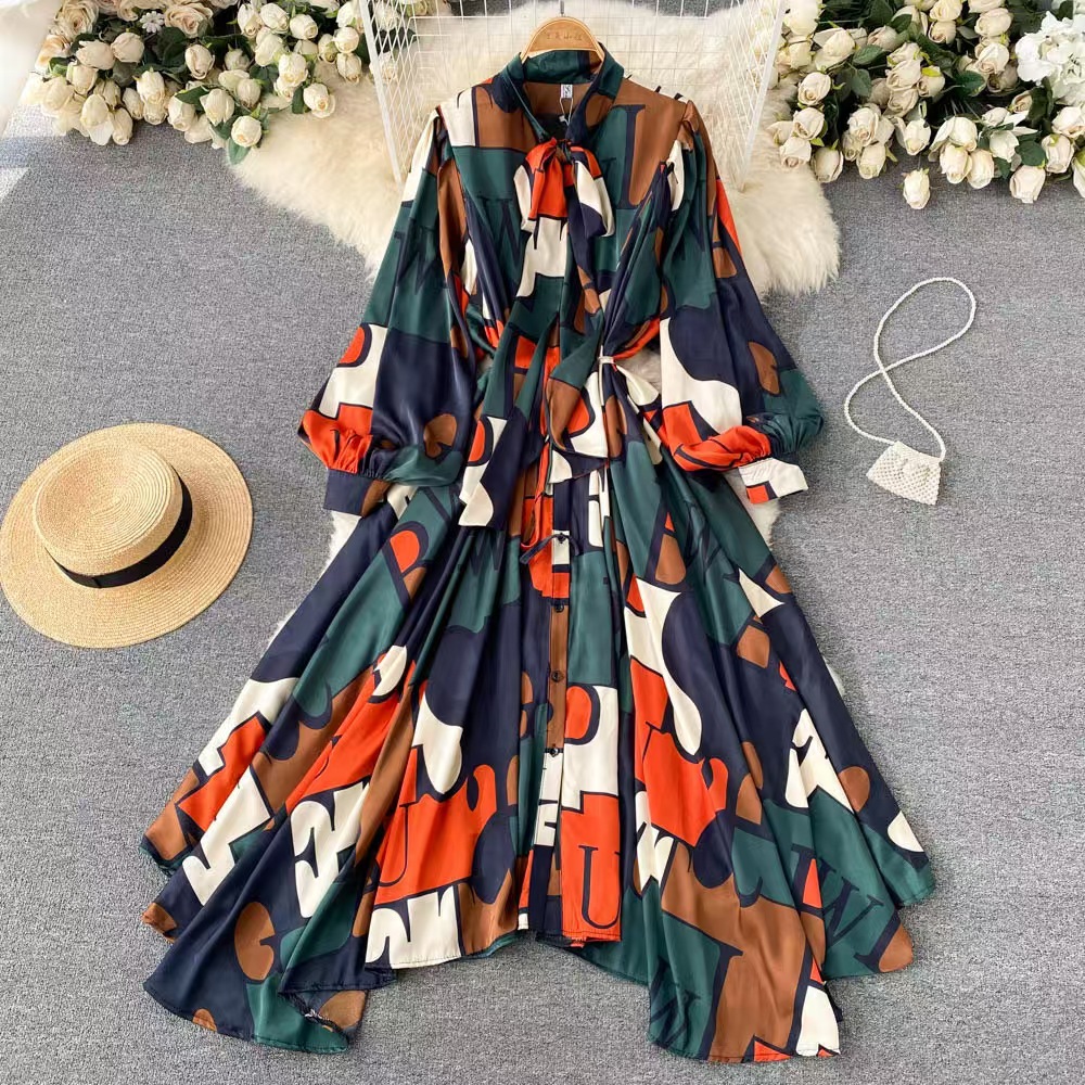 (2개) 유럽과 미국의 국경 간 무슬림 중동 인쇄 대형 나비 넥타이 벨트 랜턴 소매 긴 원피스