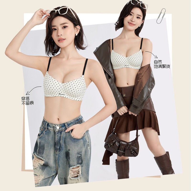 Seamless, wire-free bra with a push-up design for small busts, featuring a fixed cup, retro square neckline, and contrasting polka dot pattern