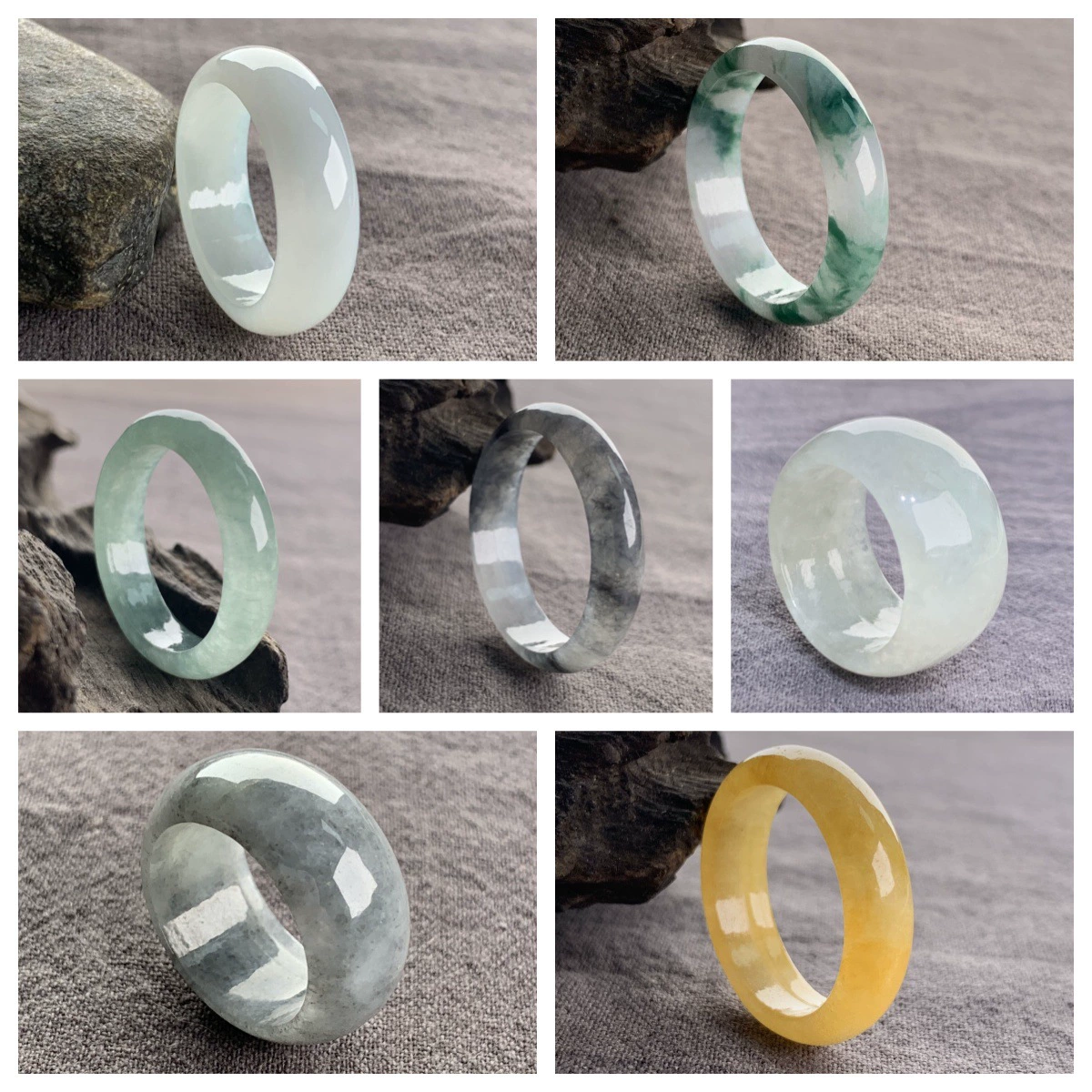 Кольцо из бирманского нефрита класса А, зеленое с цветочными узорами, кольцо типа «ледяная курица», нефрит цвета «жидкое масло» с зелеными узорами, пара колец.