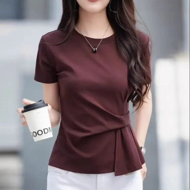 女性用デザイン半袖Tシャツ、ウエストが不規則なトップス、ファッショナブルな夏の新しいスタイル、ドロップシッピング|undefined