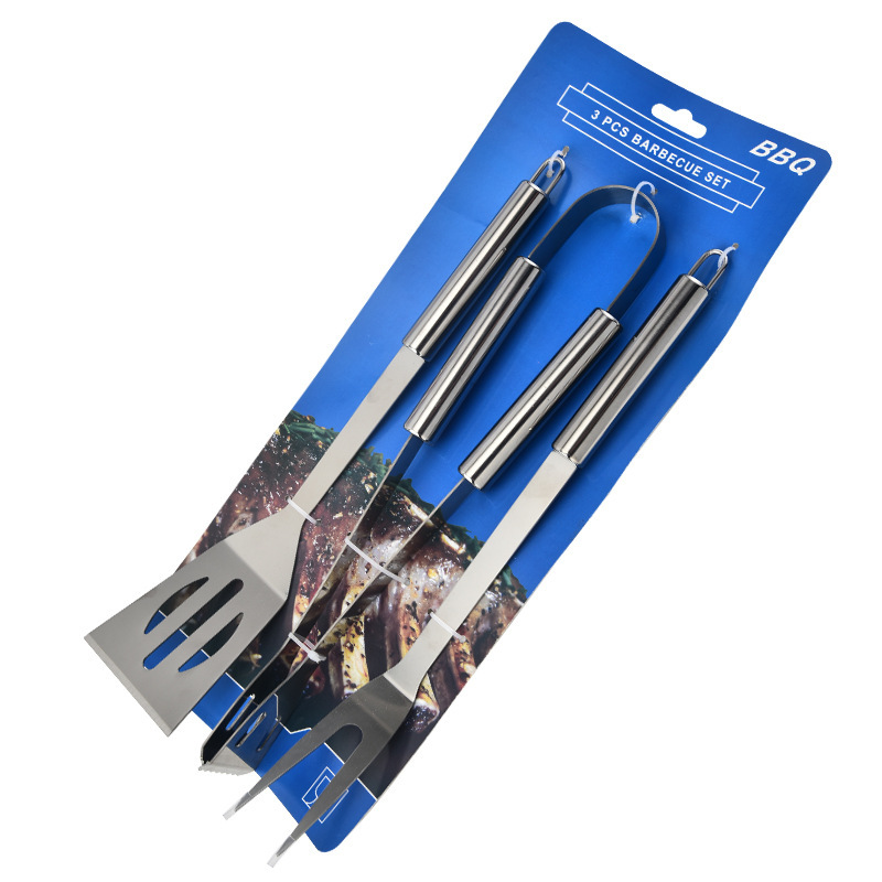 Fábrica directa de parrilla de acero inoxidable pala y horquilla combinación de abrazadera de tres piezas BBQ camping al aire libre parrilla de comida familiar