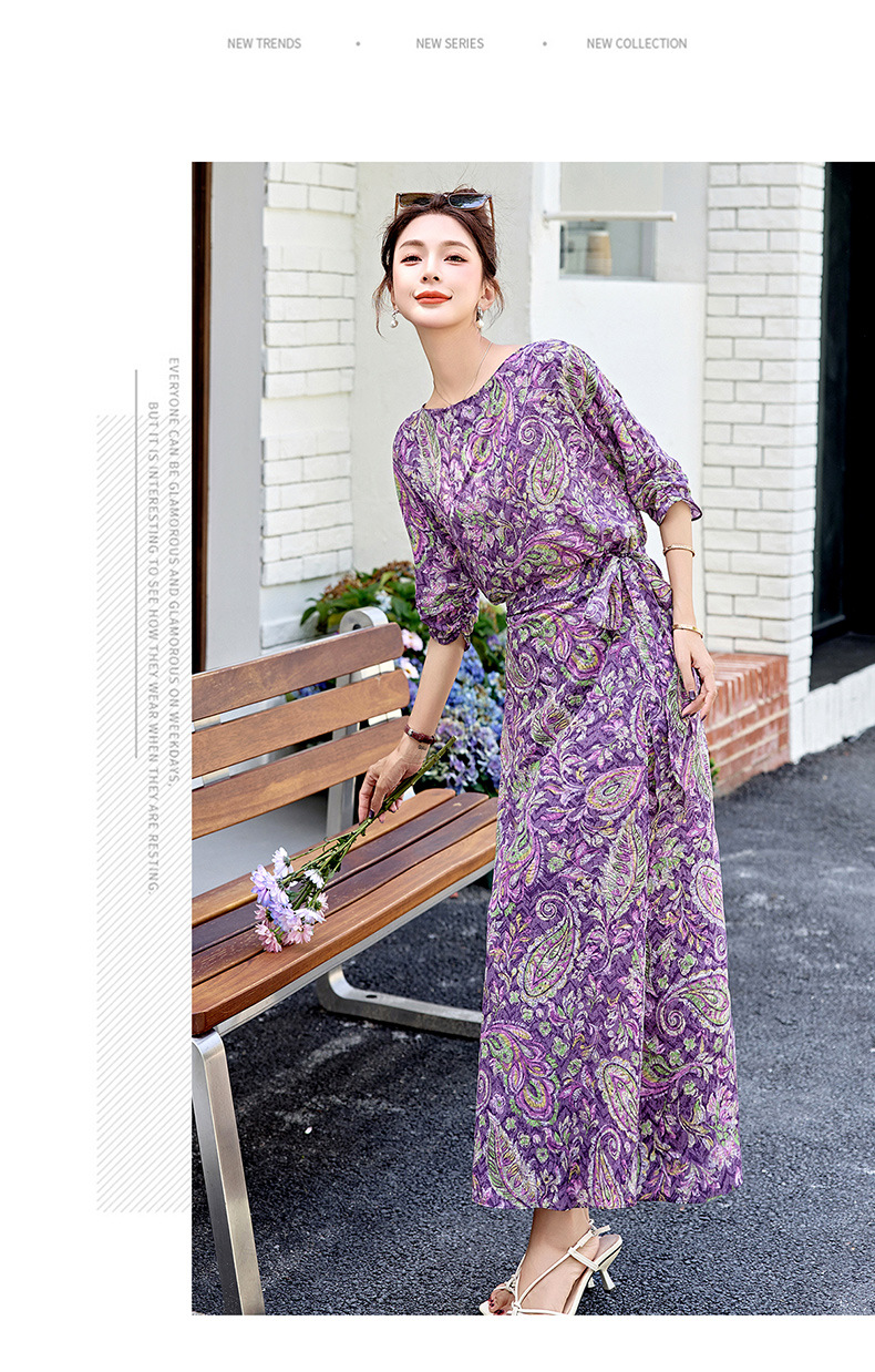 Đầm maxi nữ thắt eo in họa tiết hoa thanh lịch mùa hè 2025 — Cam hoa, Hoa tím, Hoa sọc, Hồng hoa tím chi tiết 21