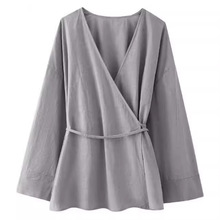 亚马逊欧美跨境新款2024秋季纯色棉麻女装双襟和服式开衫长袖外衣