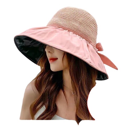 Summer New UV Protection Black Rubber Butterfly Bow Sun Hat for Women, Korean Style, Large Brim Face Covering Sun Hat with Open Top
