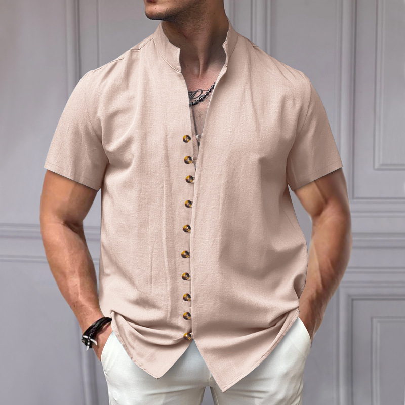 Camicia in lino da uomo con collo alla coreana e bottoni_voghion.com