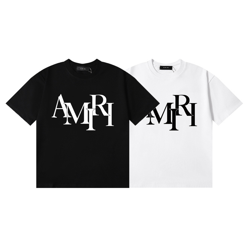25 New Trendy Light Luxury Amiri Logo Print High-Quality Double Yarn Cotton Casual Short-Sleeve T-Shirts for Men and Women