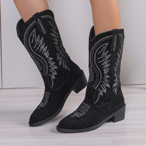 Retro Embroidered V-Open Martin Boots for Women: Autumn/Winter Chunky Heel Mid-Calf Knight Boots & Western Cowboy Ankle Boots