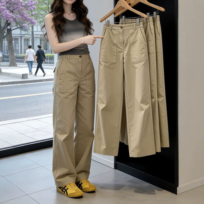 French-Style Retro Khaki Slim Straight-Leg Work Pants for Women, Summer 2026, Thin High-Waisted Versatile Casual Pants for Petite Figures