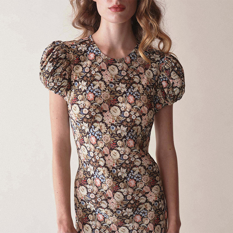 Spot 495 Summer New 2024 Rayon Printed Round Neck Short-Sleeved Bias-Cut Slim Long Dress French Women