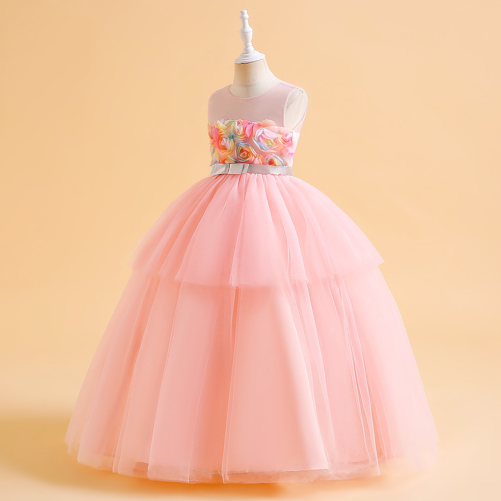 Vestido de niña estilo europeo y americano 2026, modelo de falda de pastel para pasarela, vestido de princesa para niña de las flores en bodas.