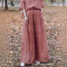 暗纹印花苎麻休闲裤女2025春夏季新款腰口纽扣设计双层宽松阔腿裤