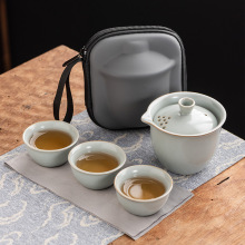 汝窑高档开片可养户外便携旅行茶具套装一壶三杯快客茶杯礼品批发
