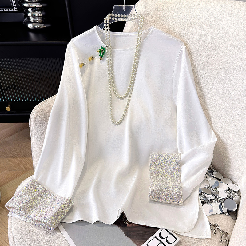 Mulberry Silk New Chinese Style Top Women's National Style Vest with Base Silk Shirt Long Sleeve Acetate Satin Shirt