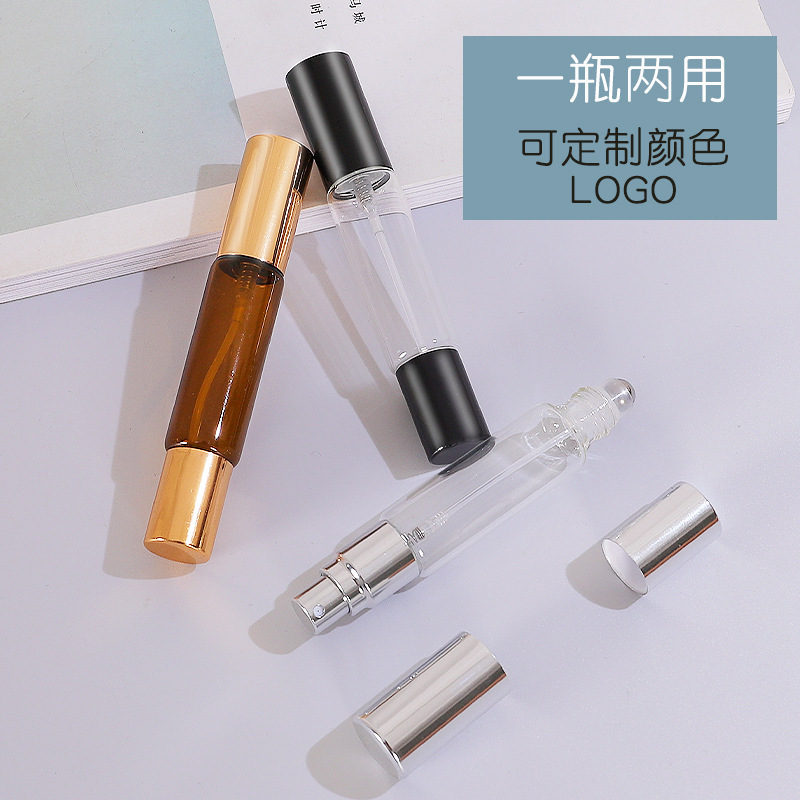 爆款双头两用分装瓶喷雾细腻滚珠流畅易清洗小巧便携透明玻璃款