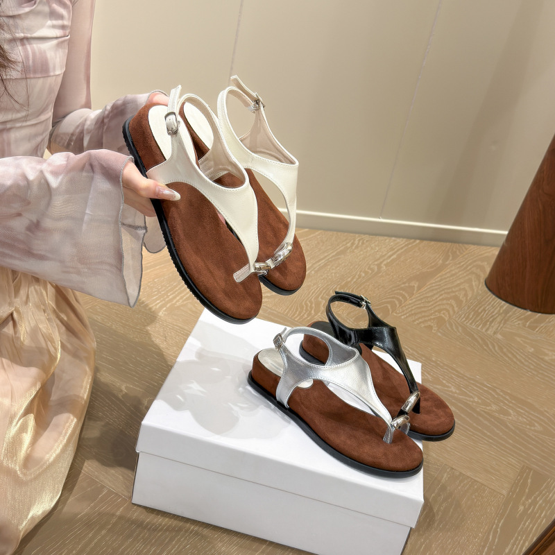 Sheepskin Version~French-Style Niche Metal Buckle Thong-Toe Sandals for Women, Fairy-Style Open-Toe Thick-Soled Soft-Soled Comfortable Roman Shoes